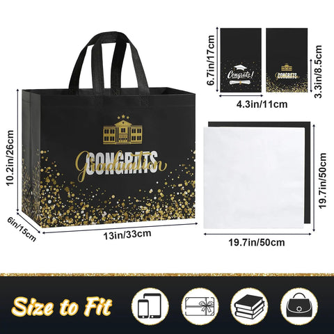Two Pack 13 Inch Graduation Gift Bags With Tissue Paper And Cards, Reusable Nonwoven Gift Bags With Handles, Congrats Grad Gift Wrap Set For High School And College, Gift Bags For Ceremony, Gift Wrapping Supply showing dimensions and design details.
