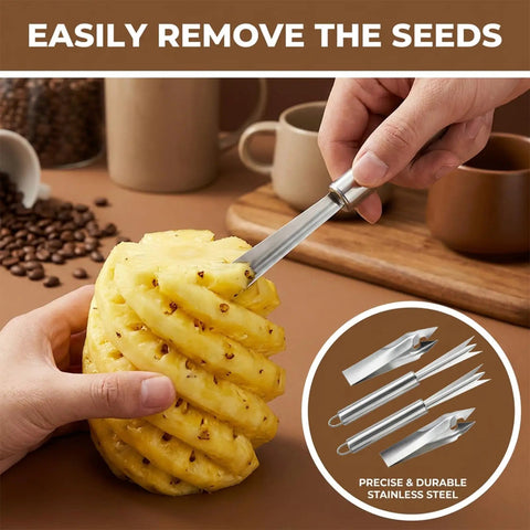 Hand using Heavy Duty Stainless Steel Pineapple Eye Remover Tool Set with Eye Clip and V Shape Cutter Knife on a pineapple