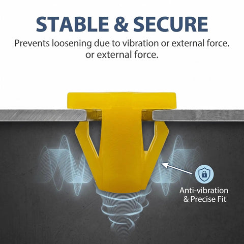 Stable yellow nylon grommet screw preventing loosening from vibration, part of Smooth 120 Piece Nylon Grommet Screw Kit For Car License Plates And Bumper Trim Universal Rust Proof Fasteners For Trucks Suv Rigs To Keep Your Ride Tight And Road Ready.