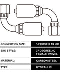 90 degree hydraulic hose crimp kit with 1/2 inch JIC to hose connection, 37 degree swivel, carbon steel, hydraulic type indicator