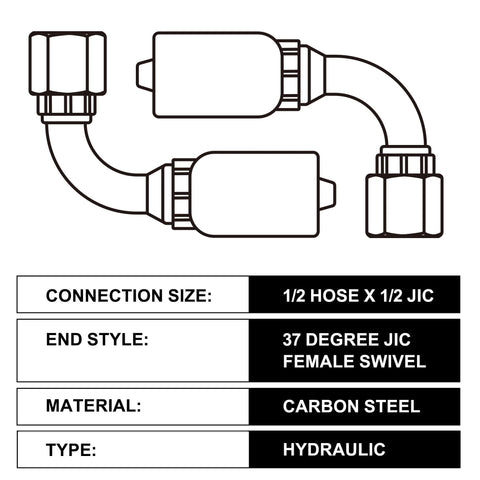 90 degree hydraulic hose crimp kit with 1/2 inch JIC to hose connection, 37 degree swivel, carbon steel, hydraulic type indicator