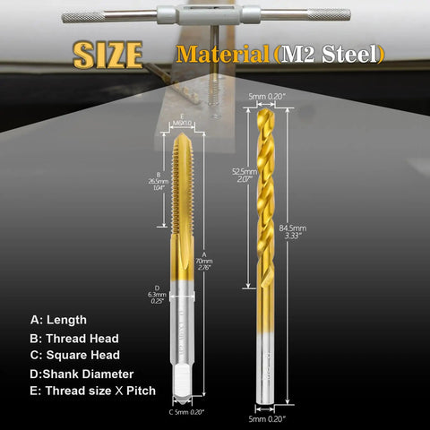 M6 X 1.0 Tap And 5.0mm Drill Bit Set With M2 HSS Drill And Tap Kit For Stainless Steel And Metal shown with size details.