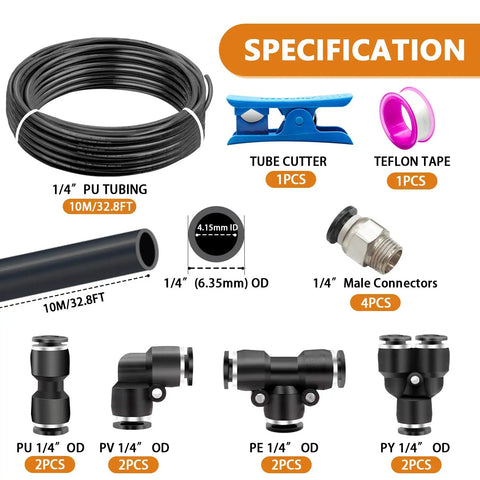 1/4 Inch Air Line Tubing Kit With PU Polyurethane Hose, 32.8 Feet, Push To Connect Fittings, Tees, Elbows, Unions, Scissors, Teflon Tape