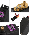 Collage of 4 Pack High Torque Digital Servo Motors with fully copper gears, 180 degree rotation, ideal for RC projects and DIY builds.