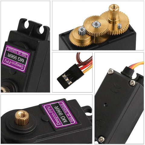 Collage of 4 Pack High Torque Digital Servo Motors with fully copper gears, 180 degree rotation, ideal for RC projects and DIY builds.