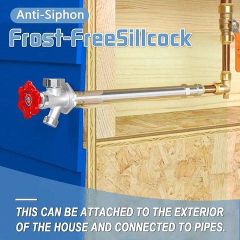 Frost Free Outdoor Sillcock With Anti Siphon Backflow Preventer connected to exterior wall, brass, half inch push to fit.