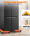 Heavy Duty Furniture Mover Dolly Set Of 4 under a refrigerator with triangular design and 1409 lbs load capacity.