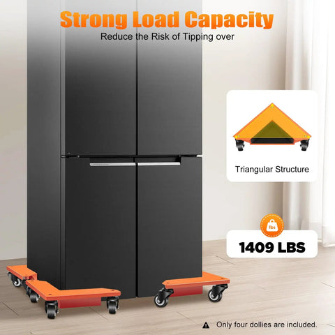 Heavy Duty Furniture Mover Dolly Set Of 4 under a refrigerator with triangular design and 1409 lbs load capacity.