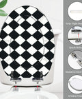 Toilet Seat Elongated Quiet Close for Bathroom with black and white checkered design, stainless steel hinges, and quick release feature.