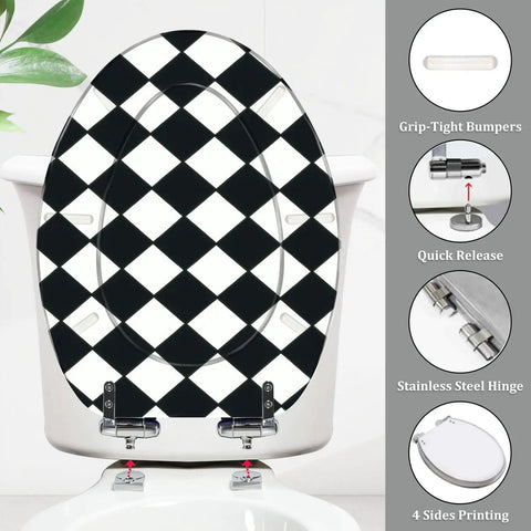 Toilet Seat Elongated Quiet Close for Bathroom with black and white checkered design, stainless steel hinges, and quick release feature.