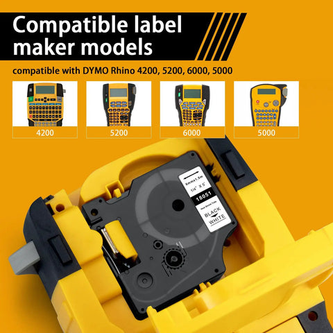 Image of compatible label maker models for Heavy Duty Polyolefin Heat Shrink Wire Labels Built Like A Brick For Rhino 4200 5200 6000 And 3M Tools Hardcore Flame Retardant Cable Marking Tape 18 Mil Thick.