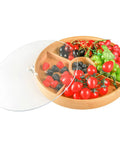Top Grade Bamboo Serving Platter With Built-In Dividers, 12 Inch Snack Board For Fresh Fruit And Nuts filled with assorted berries and tomatoes.
