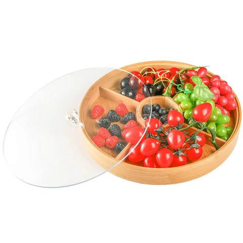 Top Grade Bamboo Serving Platter With Built-In Dividers, 12 Inch Snack Board For Fresh Fruit And Nuts filled with assorted berries and tomatoes.