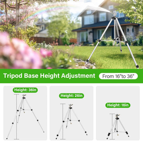 Heavy Duty Tripod Sprinkler With Brass Nozzle For Yard Coverage, Extra Tall 36 Inch Legs, 360 Degree Rotating Sprinkler For Large Areas