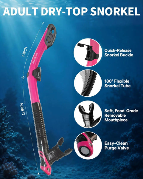 Anti Fog 180 Degree Panorama Snorkel Set For Adults With Dry Top Mask And Tempered Glass Goggles, showing snorkel features