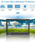 10.1 inch 1024x600 display monitor with landscape view, showing HDMI, VGA connectivity and 178° viewing angle features