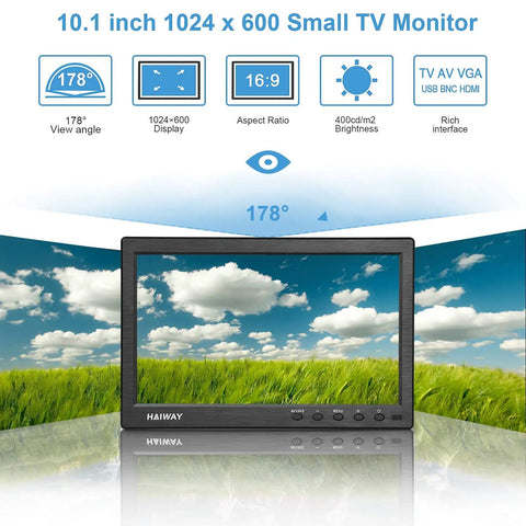 10.1 Inch Security Monitor With Remote 1024x600 Resolution Portable HDMI VGA BNC Inputs Built In Dual Speakers Ideal for Gaming CCTV