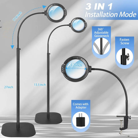 12X Lighted Floor Magnifier With Flexible Gooseneck Clamp Stand For Hands Free Close Work Sewing Reading Crafting And Repairs, three installation modes.