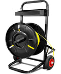 Heavy Duty Strapping Cart And Dispenser for Polypropylene Coils with integrated tool tray, mobile strapping cart with black frame, fits 8x8 to 10x10 inches.