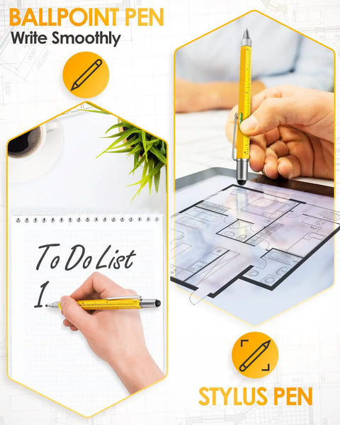 Person using Six In One Multitool Pen Gift For Him Stocking Stuffers For Men Great Gift Idea For Husband Dad Grandpa Birthday Present Cool Gadgets For Adults White Elephant Friendly Party Favors to write on notebook and touch screen.