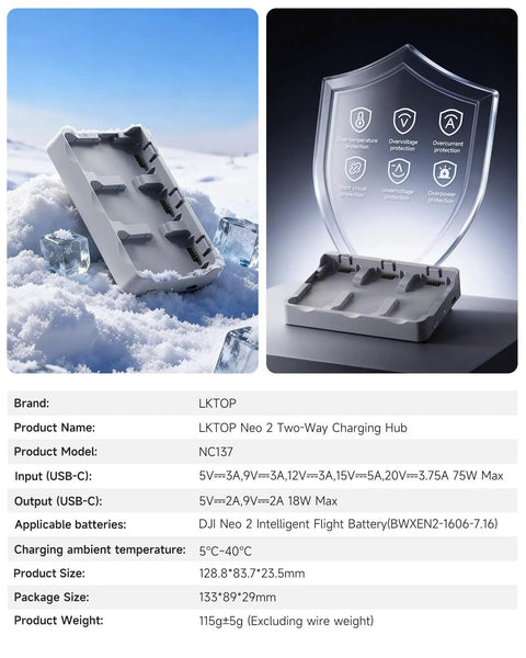 Dual-angle view of Neo 2 Battery Charging Hub Bundle with 3 slots for DJI Neo 2, showcasing icy and shield design.