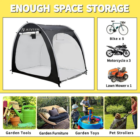 Heavy Duty Bike Tent Shed For Outdoor Storage, Extra Thick 210D Oxford, Waterproof And Sunproof, showing versatility and size.