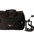Heavy Duty Black Drum Hardware Gig Bag With Slick Foam Padding And Adjustable Divider Percussion Accessory Case next to bass drum pedal.