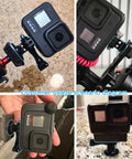 Collage of action cameras using Beefy Universal Action Camera Tripod Mount Adapter For GoPro Hero 13 12 11 10 9 8 7 6 5 4 3 3 Plus Session Lite Hero Max Fusion And Other Brands Like Akaso DJI Osmo Action And Insta360 on tripods and mounts