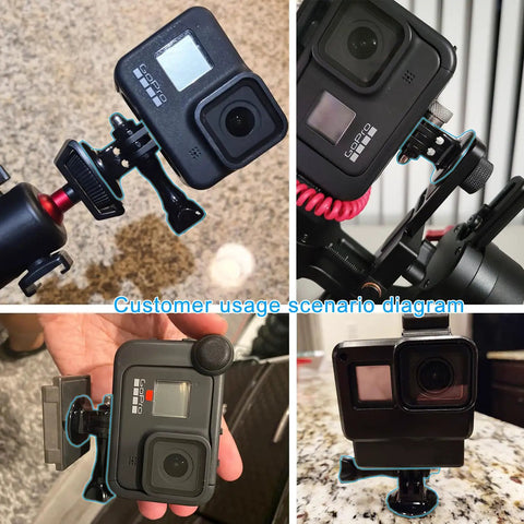 Collage of action cameras using Beefy Universal Action Camera Tripod Mount Adapter For GoPro Hero 13 12 11 10 9 8 7 6 5 4 3 3 Plus Session Lite Hero Max Fusion And Other Brands Like Akaso DJI Osmo Action And Insta360 on tripods and mounts