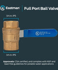 Front view: Eastman 3/4 in IPS brass full-port ball valve with blue handle