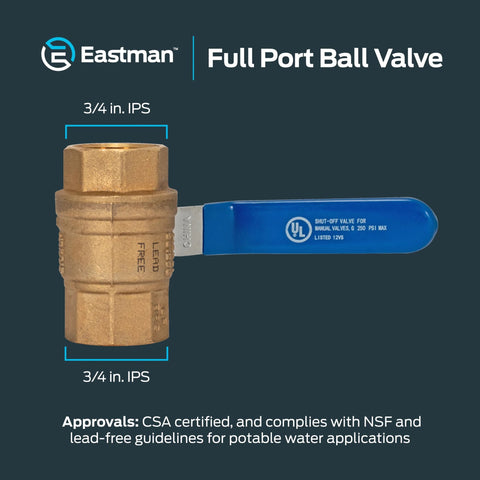 Front view: Eastman 3/4 in IPS brass full-port ball valve with blue handle