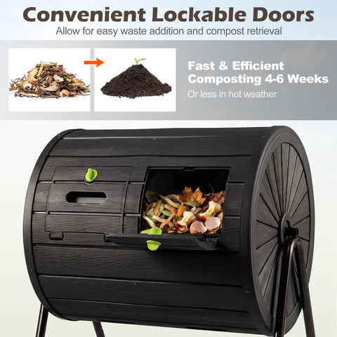 37.5 Gallon Dual Chamber Compost Bin With 360 Degree Tumbling And Dual Lockable Doors For Easy Outdoor Garden Composting In The Backyard Rotating Design For Easy Mixing And Quick Assembly, front view with waste inside