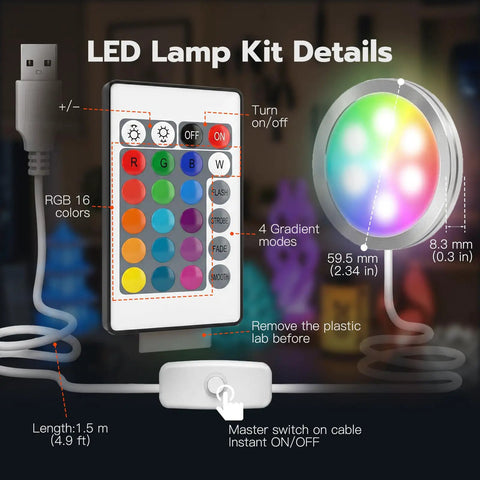 Dope 3D Printer LED Lamp Kit 001 with 24 Key Remote Control and 16 Color RGB lighting, details on remote and USB connection
