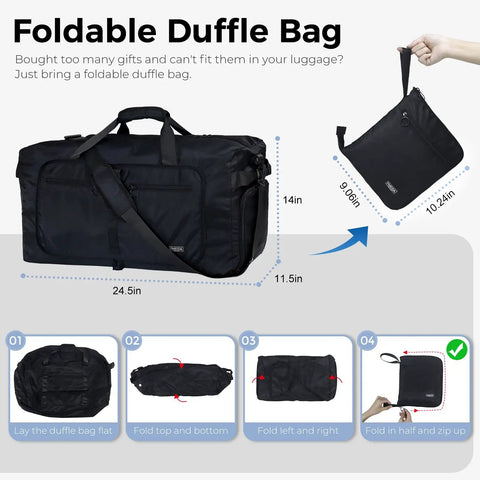 Image of 65L Duffle Bag With Shoes Compartment, Foldable Travel Duffel For Men And Women, unfolded and folded views, size dimensions shown.