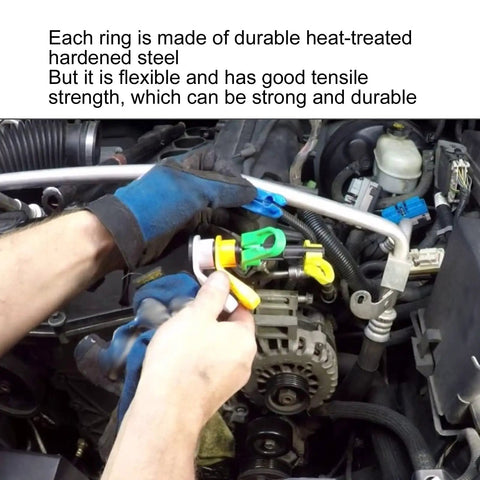 Mechanic using auto repair snap ring kit for home garage on car engine.