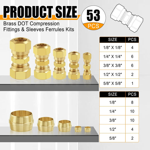Front view of brass DOT straight union compression fittings kit for nylon air-brake tubing, 53 pcs; sizes 1/8–5/8 in.