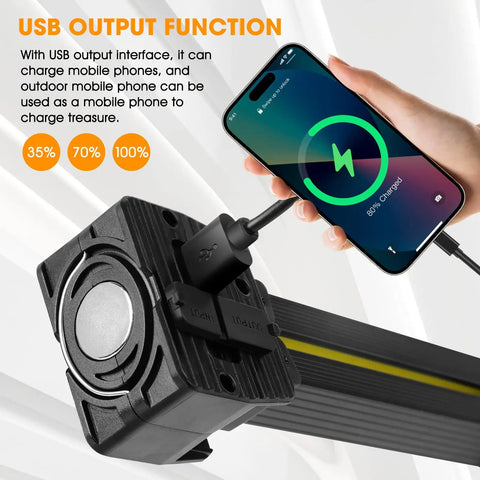 On The Go Magnetic LED Gym Light For Posing And Camping charging phone via USB, showcasing power bank feature and USB output interface.