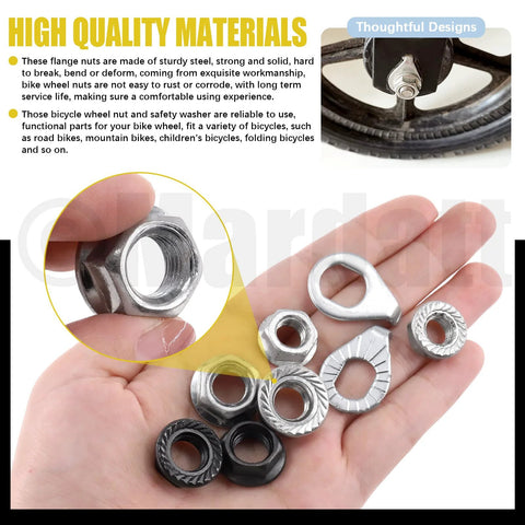 Mardatt bicycle wheel axle nut and washer kit, 60pcs, includes M8/M9.5/M10 flange nuts and safety washers
