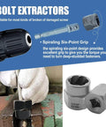 Impact Bolt And Nut Removal Drill Bit Kit with extractors and six-point grip design for damaged screws and bolts.