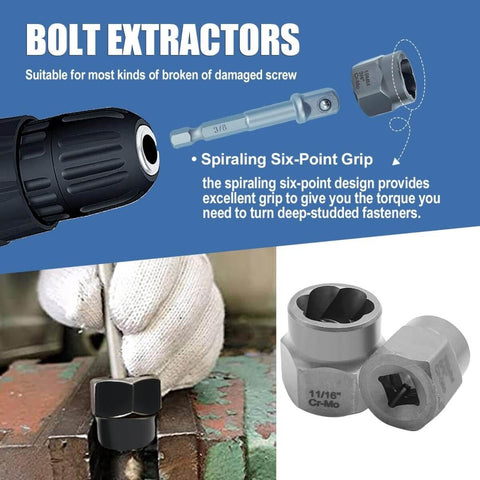 Impact Bolt And Nut Removal Drill Bit Kit with extractors and six-point grip design for damaged screws and bolts.