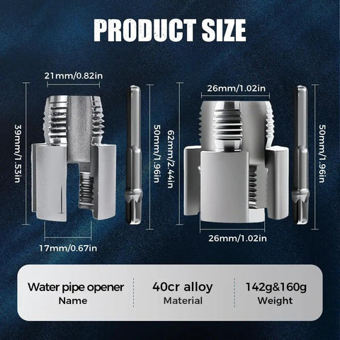 Dual Function Pipe Thread Cutting Tool For 1/2 And 3/4 Inch Water PVC Pipes Electric Drill Compatible showing product sizes and 40cr alloy material.