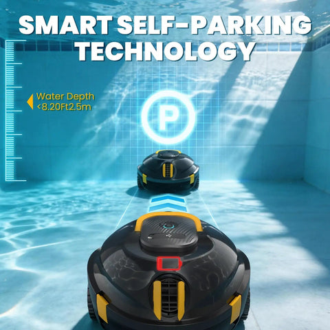 Cordless Robotic Pool Cleaner With Dual Motors For Above Ground And Inground Flat Bottom Pools, 120 Minute Run Time, Auto Parking, A Real Beast Vacuum Robot For Up To 1100 Sq Ft showing front view in pool with smart self-parking feature.