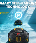 Cordless Robotic Pool Cleaner With Dual Motors and Beastly Suction for Above Ground and Inground Flat Pools showing auto parking feature
