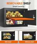 Open 1.3 Cu Ft Fireproof Safe Box With Key Lock For Home And Office, showcasing interior with removable shelf and contents.