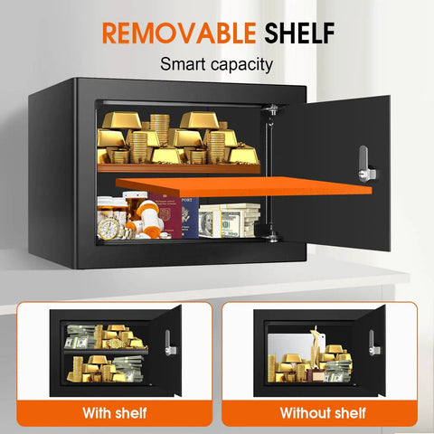 Open 1.3 Cu Ft Fireproof Safe Box With Key Lock For Home And Office, showcasing interior with removable shelf and contents.