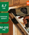 Person using Strap-Tite Metal Connector Nailer Pro-Preferred Pneumatic Nail Gun For Pre-Punched Connectors on wooden beam