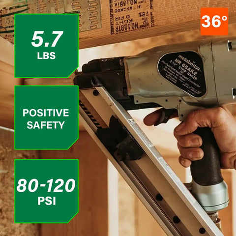 Person using Strap-Tite Metal Connector Nailer Pro-Preferred Pneumatic Nail Gun For Pre-Punched Connectors on wooden beam