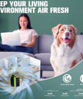 Diagram showing air purifier use in living room with woman and dog, promoting clean environment