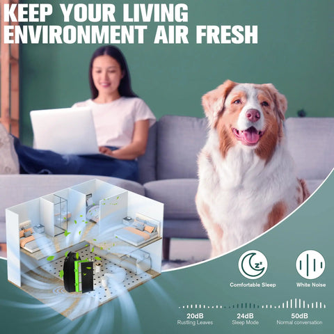 Diagram showing air purifier use in living room with woman and dog, promoting clean environment