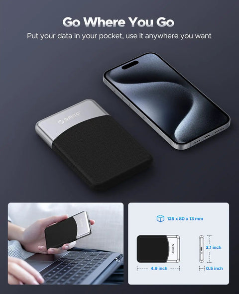 1TB External SSD With 2 In 1 USB C Cable Portable Solid State Drive next to smartphone and user holding device near laptop